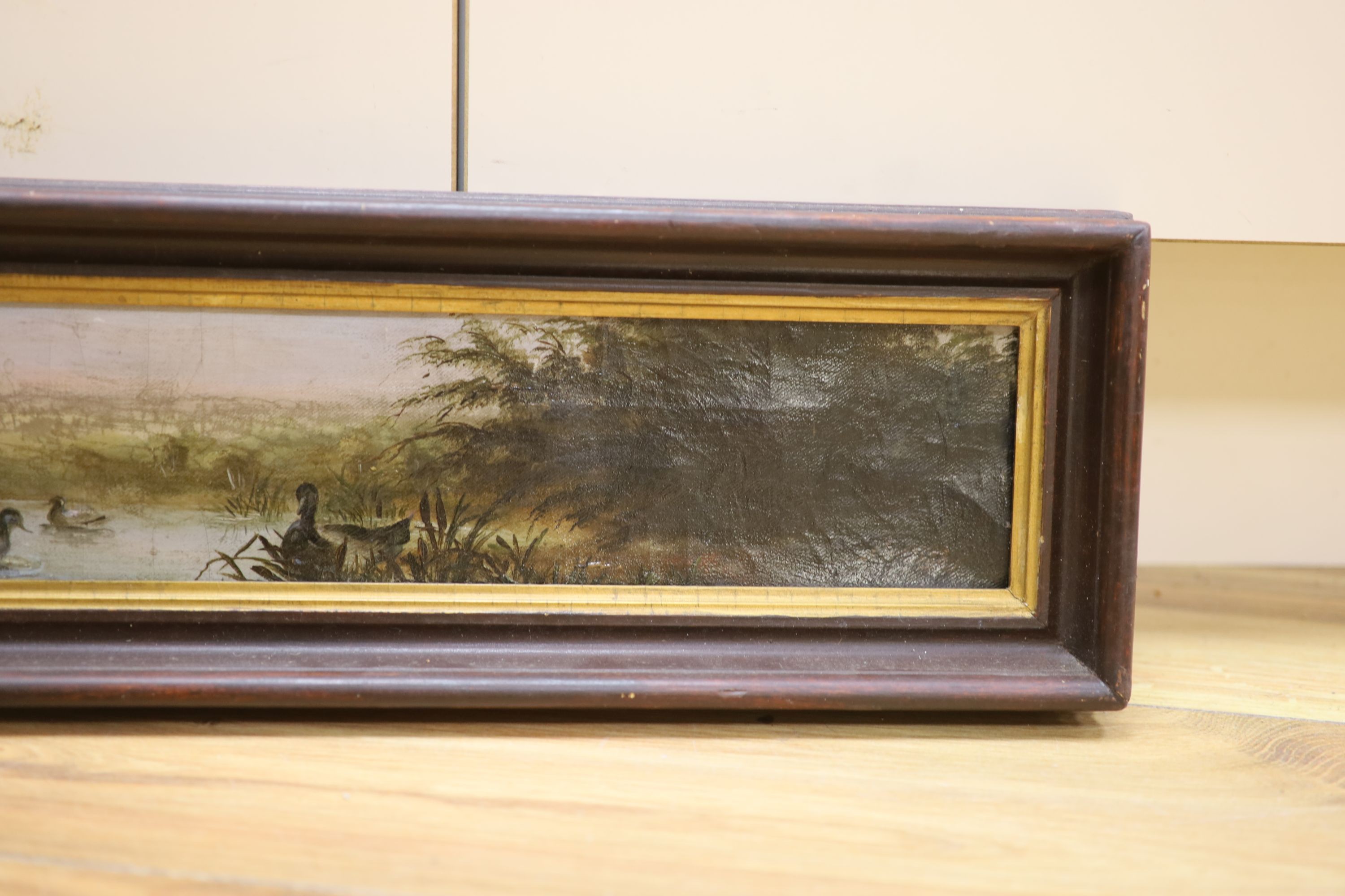P. Allison Ball, oil on canvas, Waterbirds upon a pond, indistinctly signed, 9 x 84cm